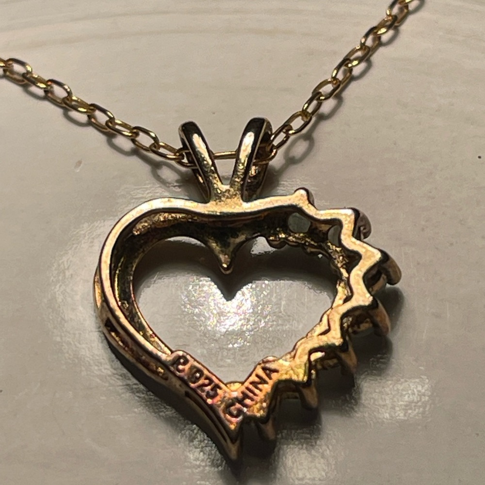 18” Gold Chain Open Heart Necklace w Light Jade Green Colored Stones Rhinestones - Picture 4 of 6
